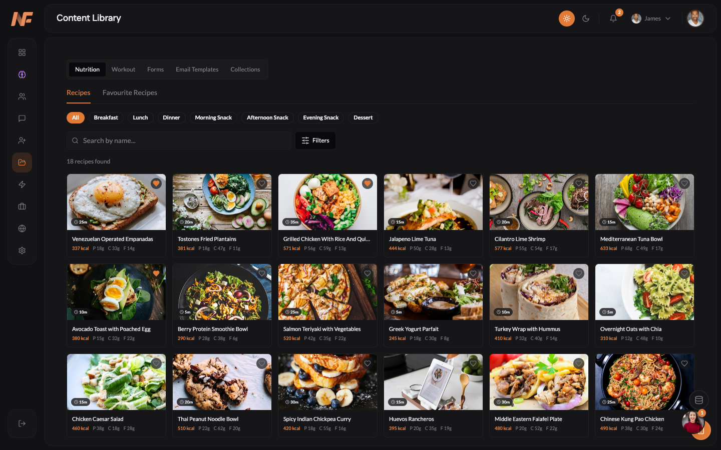 NOWFit recipe database with macro breakdowns and meal filtering